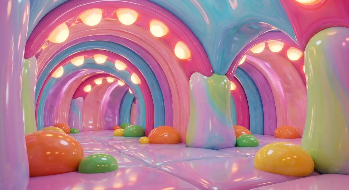 Interior del Túnel: una bóveda orgánica coral y rosa brillante, con costillas y formaciones rocosas.