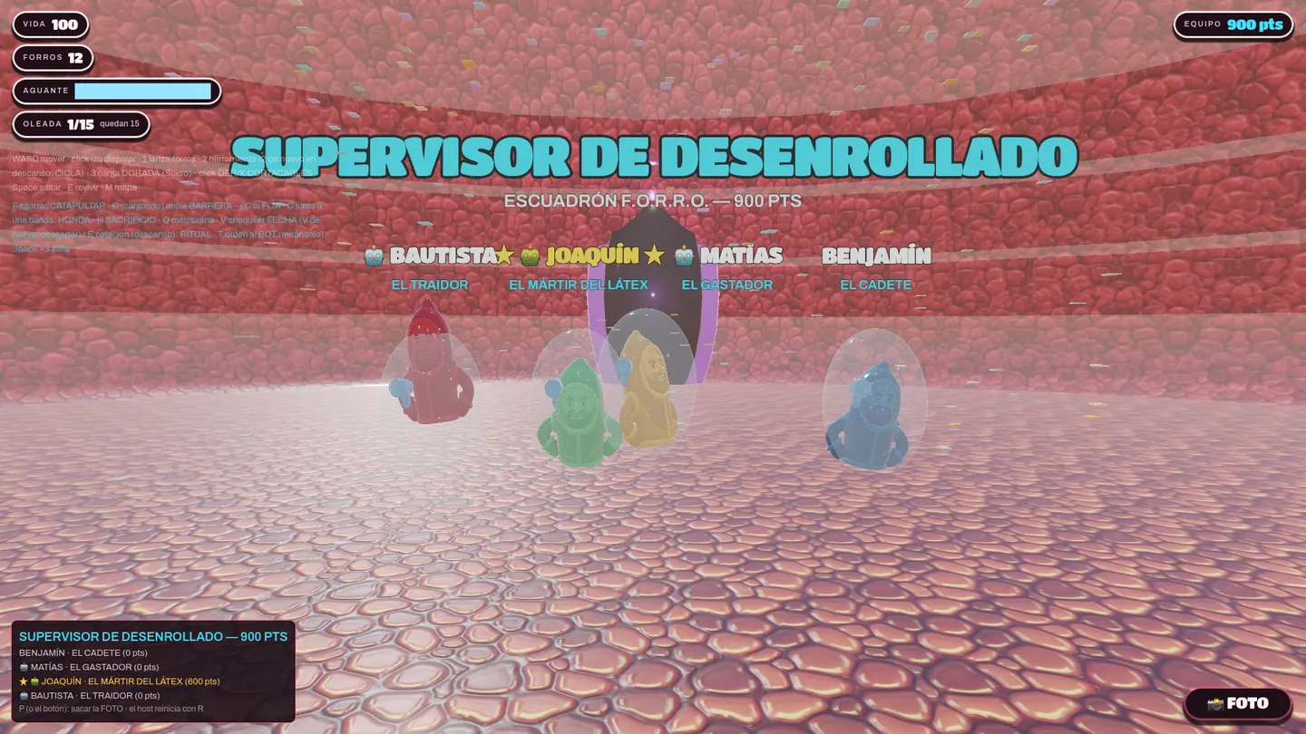 Captura de gameplay: la foto de equipo final con rangos burocráticos y superlativos.